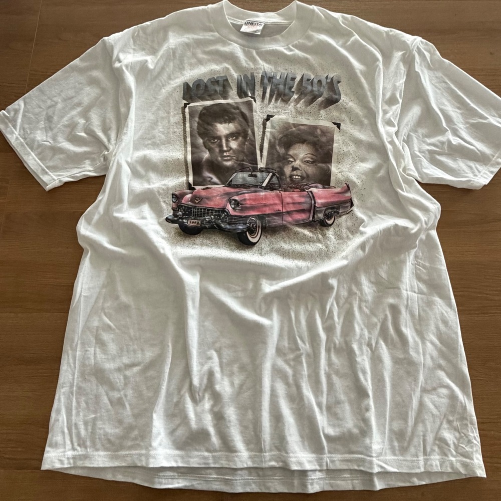 Vintage 1998 Lost in the 50s Elvis Cadillac Graphic T-Shirt Oneita White‎ XL
